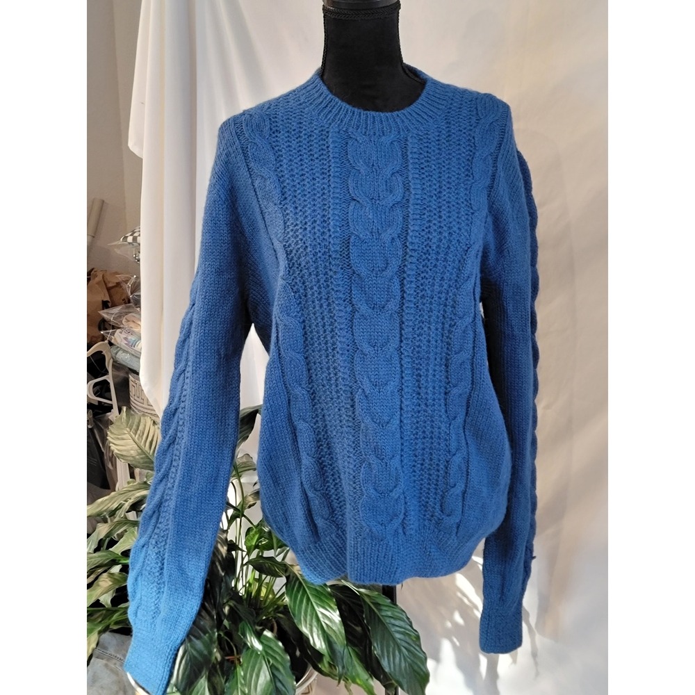 Handmade in Peru 100% Alpaca Wool Blue Cable Knit Sweater Mens XL Crew Neck